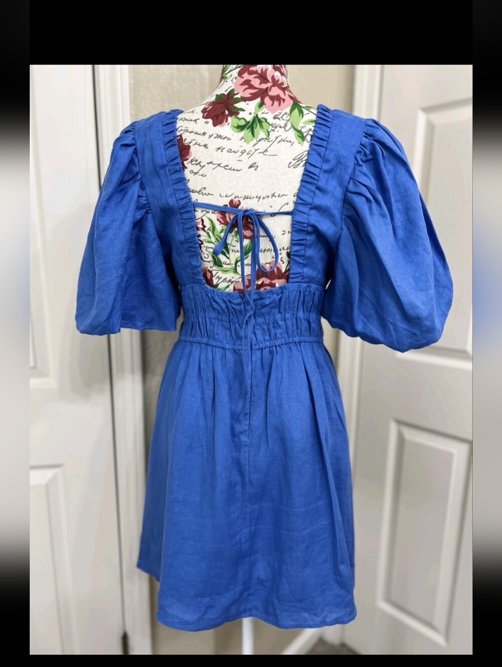 Amalie The Label Khalia Linen Plunge Puff Sleeve Mini Dress, Blue Size 0 - Picture 7 of 12